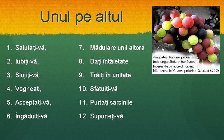 Unul pe altul 1. Salutați-vă, 7. Mădulare unii altora 2. Iubiți-vă, 8. Dați întâietate