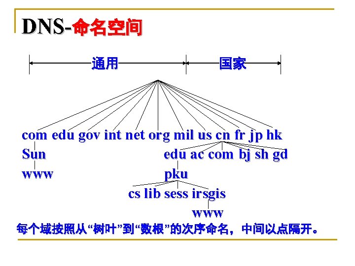 DNS-命名空间 通用 国家 com edu gov int net org mil us cn fr jp