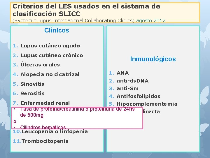 Criterios del LES usados en el sistema de clasificación SLICC (Systemic Lupus International Collaborating