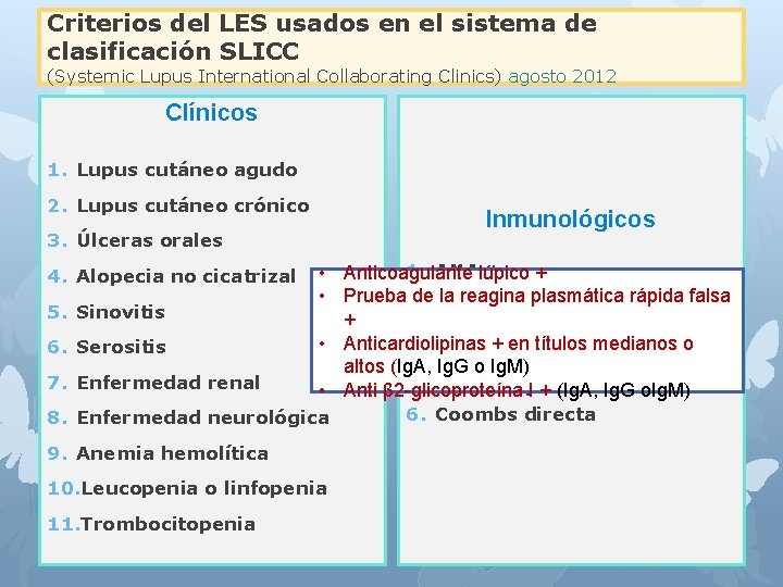 Criterios del LES usados en el sistema de clasificación SLICC (Systemic Lupus International Collaborating