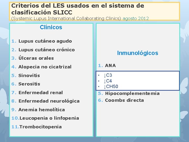 Criterios del LES usados en el sistema de clasificación SLICC (Systemic Lupus International Collaborating