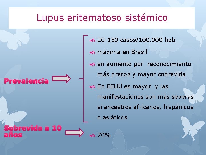 Lupus eritematoso sistémico 20 -150 casos/100. 000 hab máxima en Brasil en aumento por