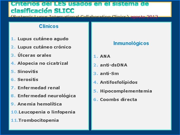 (Systemic Lupus International Collaborating Clinics) agosto 2012 Clínicos 1. Lupus cutáneo agudo Inmunológicos 2.