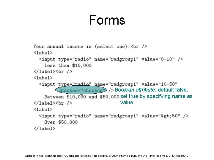 Forms Boolean attribute: default false, set true by specifying name as value Jackson, Web