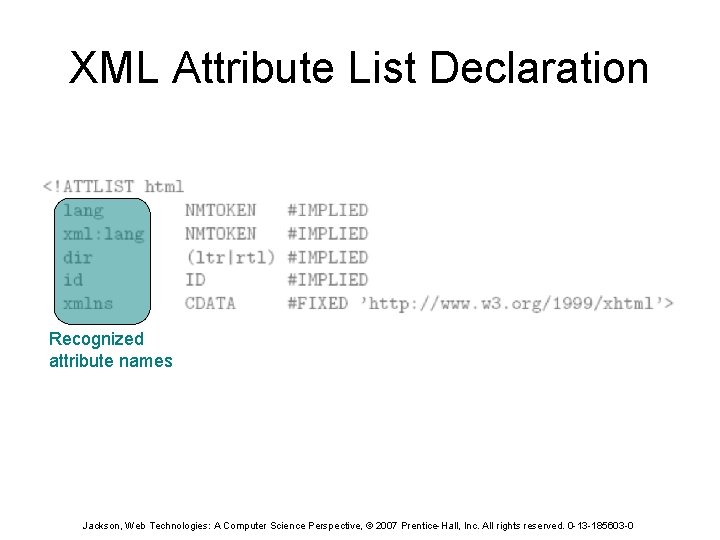 XML Attribute List Declaration Recognized attribute names Jackson, Web Technologies: A Computer Science Perspective,