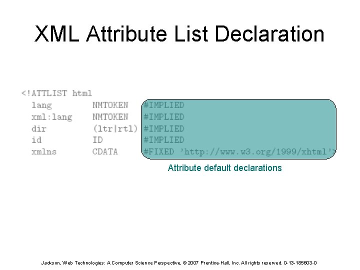 XML Attribute List Declaration Attribute default declarations Jackson, Web Technologies: A Computer Science Perspective,