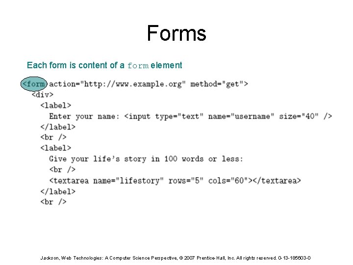 Forms Each form is content of a form element Jackson, Web Technologies: A Computer