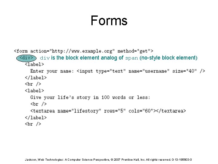 Forms div is the block element analog of span (no-style block element) Jackson, Web
