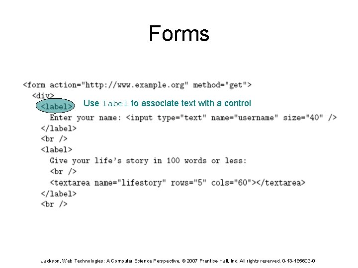 Forms Use label to associate text with a control Jackson, Web Technologies: A Computer