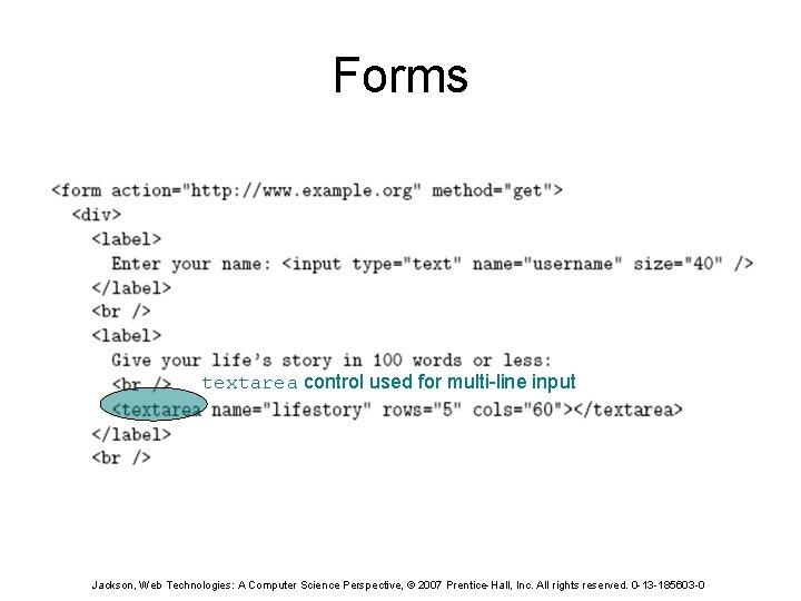 Forms textarea control used for multi-line input Jackson, Web Technologies: A Computer Science Perspective,