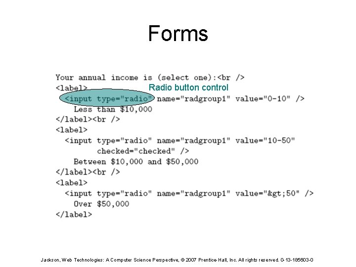 Forms Radio button control Jackson, Web Technologies: A Computer Science Perspective, © 2007 Prentice-Hall,
