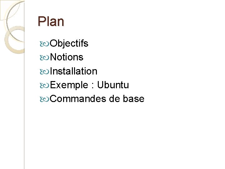 Plan Objectifs Notions Installation Exemple : Ubuntu Commandes de base 