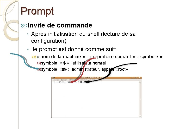 Prompt Invite de commande ◦ Après initialisation du shell (lecture de sa configuration) ◦