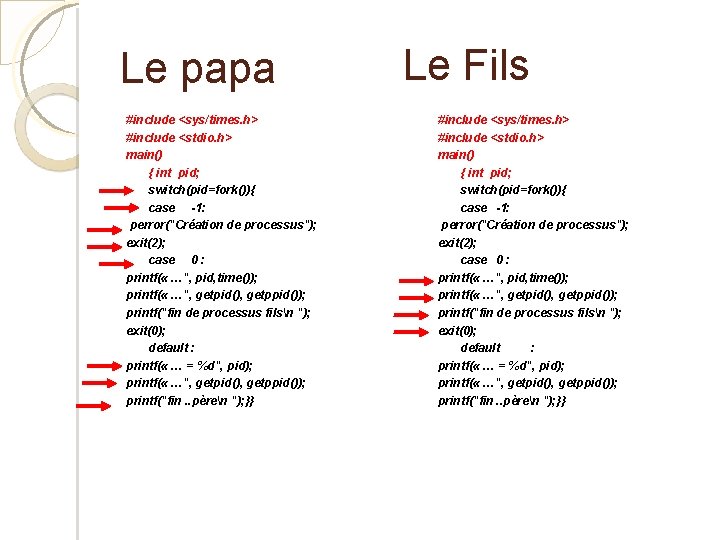 Le papa #include <sys/times. h> #include <stdio. h> main() { int pid; switch(pid=fork()){ case