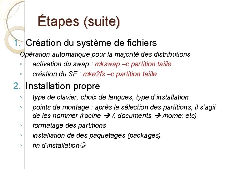 Étapes (suite) 1. Création du système de fichiers Opération automatique pour la majorité des