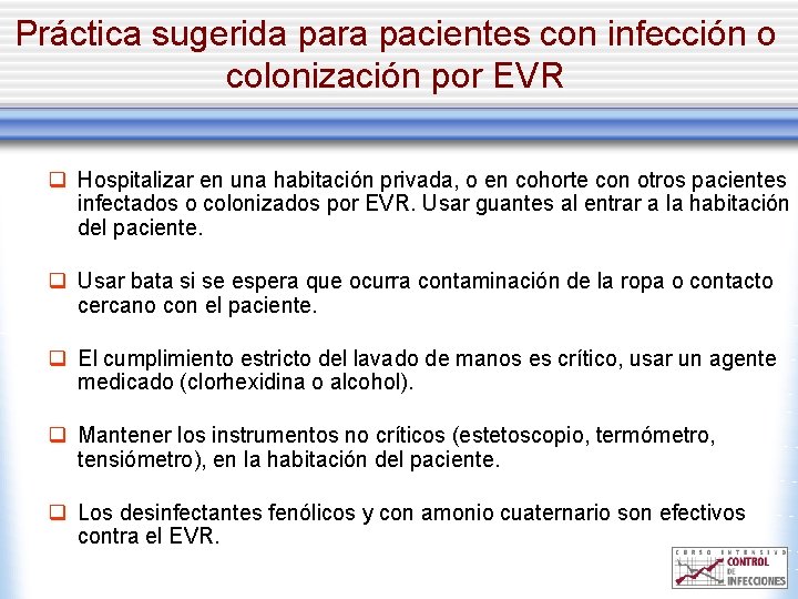 Práctica sugerida para pacientes con infección o colonización por EVR q Hospitalizar en una