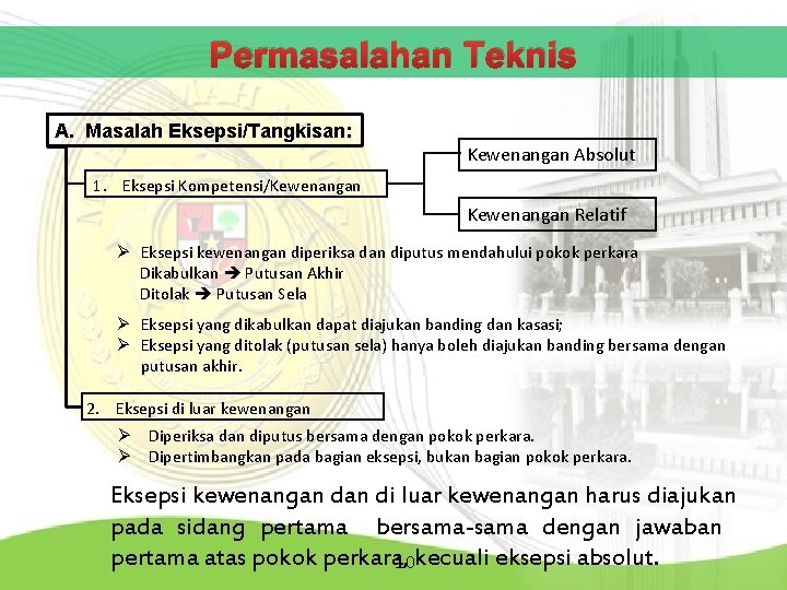 Permasalahan Teknis A. Masalah Eksepsi/Tangkisan: Kewenangan Absolut 1. Eksepsi Kompetensi/Kewenangan Relatif Ø Eksepsi kewenangan