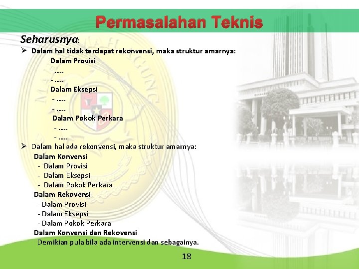 Permasalahan Teknis Seharusnya: Ø Dalam hal tidak terdapat rekonvensi, maka struktur amarnya: Dalam Provisi