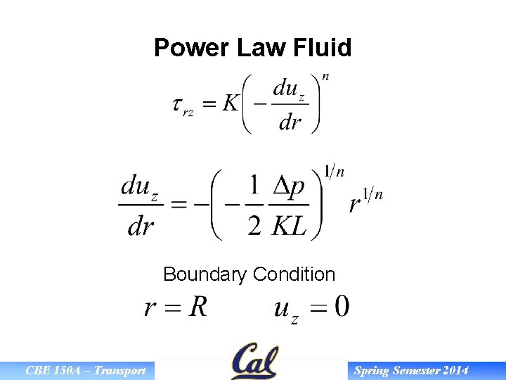Power Law Fluid Boundary Condition CBE 150 A – Transport Spring Semester 2014 