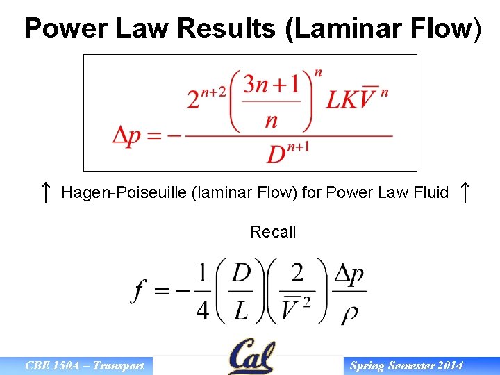 Power Law Results (Laminar Flow) ↑ Hagen-Poiseuille (laminar Flow) for Power Law Fluid ↑