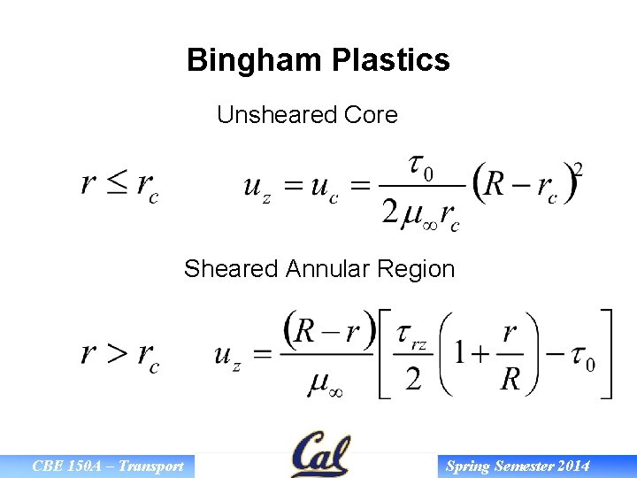 Bingham Plastics Unsheared Core Sheared Annular Region CBE 150 A – Transport Spring Semester
