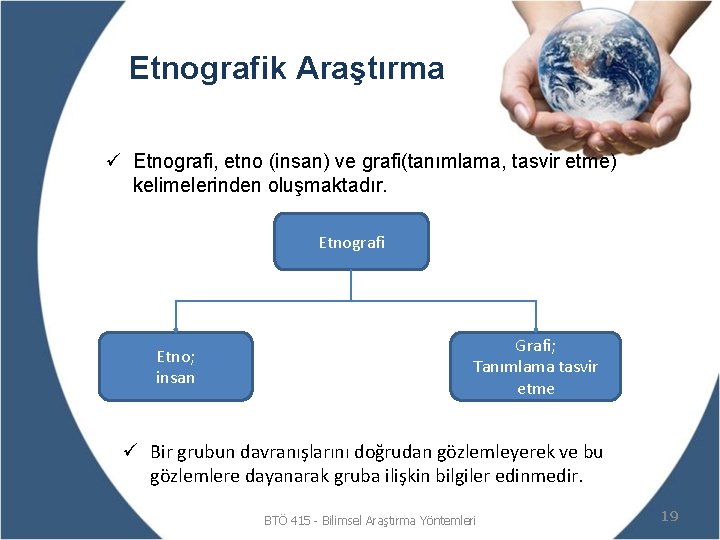 Etnografik Araştırma ü Etnografi, etno (insan) ve grafi(tanımlama, tasvir etme) kelimelerinden oluşmaktadır. Etnografi Etno;