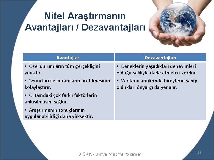 Nitel Araştırmanın Avantajları / Dezavantajları Avantajları • Özel durumların tüm gerçekliğini yansıtır. • Sonuçları