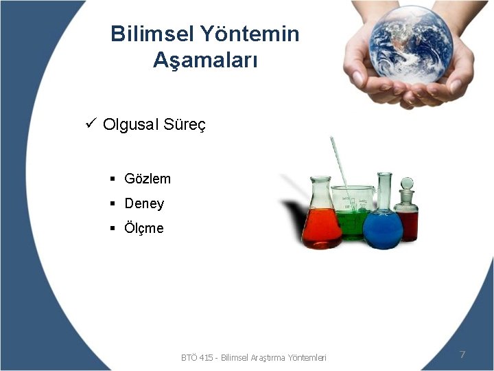Bilimsel Yöntemin Aşamaları ü Olgusal Süreç § Gözlem § Deney § Ölçme BTÖ 415
