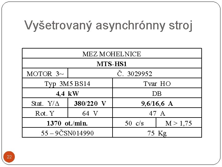 Vyšetrovaný asynchrónny stroj MEZ MOHELNICE MTS-HS 1 MOTOR 3~ Č. 3029952 Typ 3 M