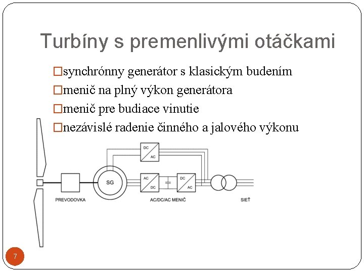 Turbíny s premenlivými otáčkami �synchrónny generátor s klasickým budením �menič na plný výkon generátora