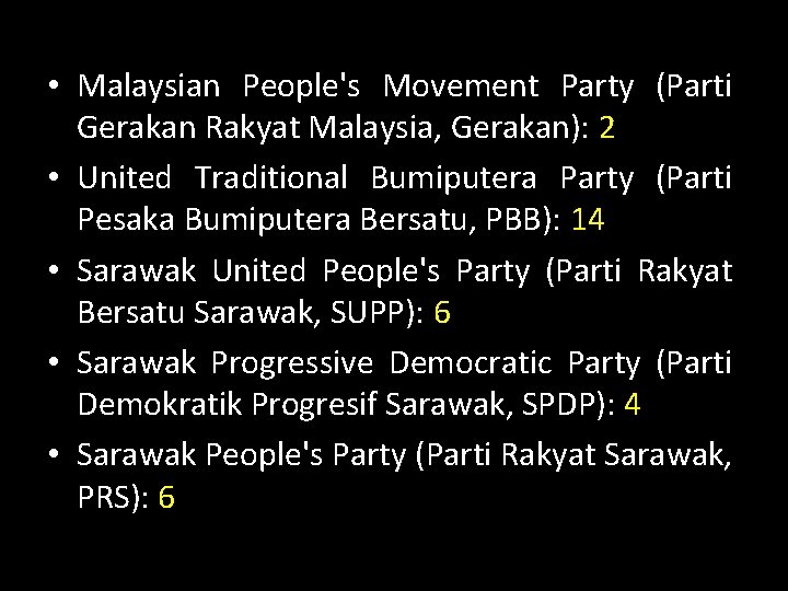  • Malaysian People's Movement Party (Parti Gerakan Rakyat Malaysia, Gerakan): 2 • United