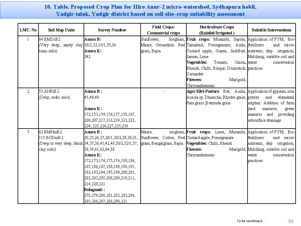 10. Table. Proposed Crop Plan for Hire Anur-2 micro-watershed, Sydhapura hobli, Yadgir taluk, Yadgir