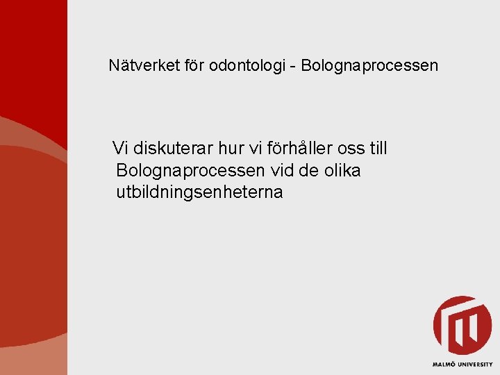 Nätverket för odontologi - Bolognaprocessen Vi diskuterar hur vi förhåller oss till Bolognaprocessen vid