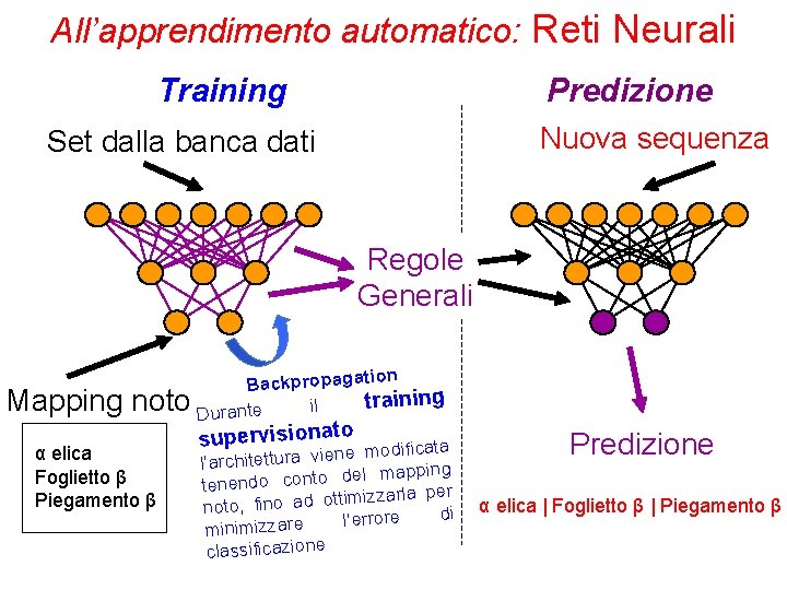 All’apprendimento automatico: Reti Neurali Training Predizione Nuova sequenza Set dalla banca dati Regole Generali