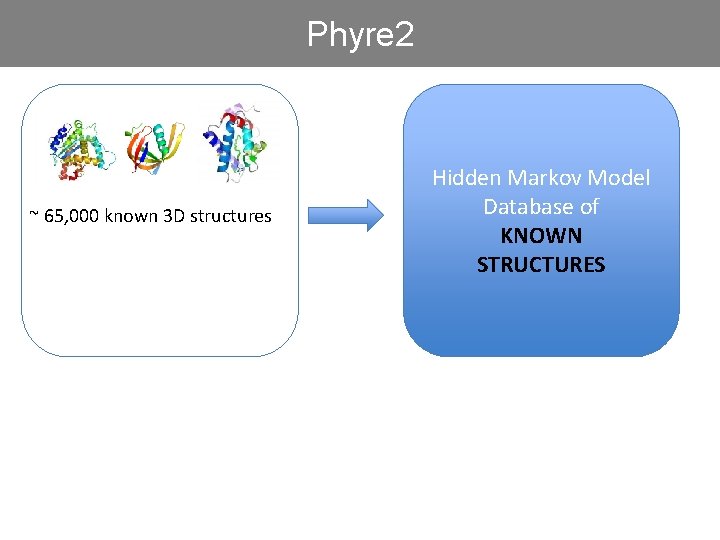 Phyre 2 ~ 65, 000 known 3 D structures Hidden Markov Model Database of