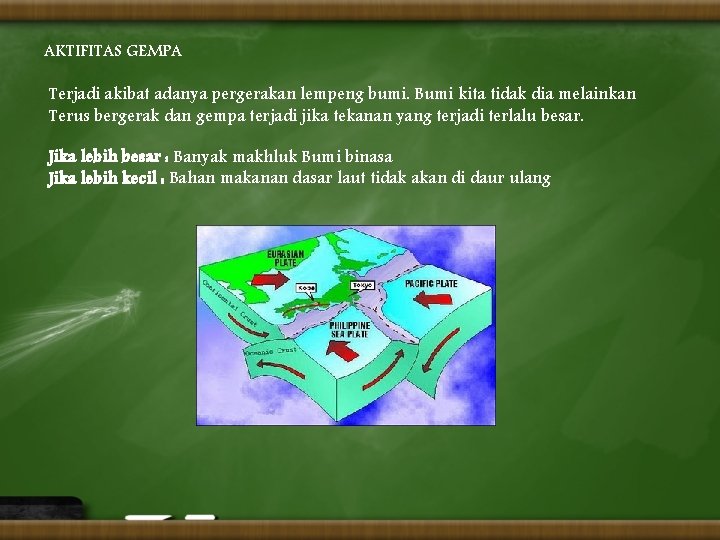 AKTIFITAS GEMPA Terjadi akibat adanya pergerakan lempeng bumi. Bumi kita tidak dia melainkan Terus