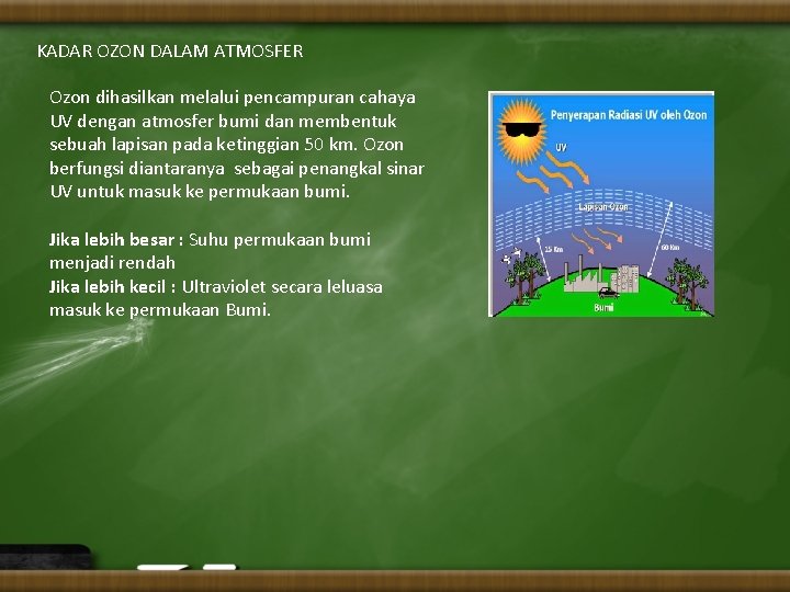 KADAR OZON DALAM ATMOSFER Ozon dihasilkan melalui pencampuran cahaya UV dengan atmosfer bumi dan