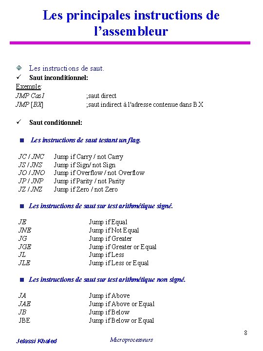 Les principales instructions de l’assembleur Les instructions de saut. ü Saut inconditionnel: Exemple: JMP