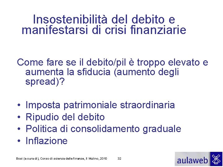 Insostenibilità del debito e manifestarsi di crisi finanziarie Come fare se il debito/pil è