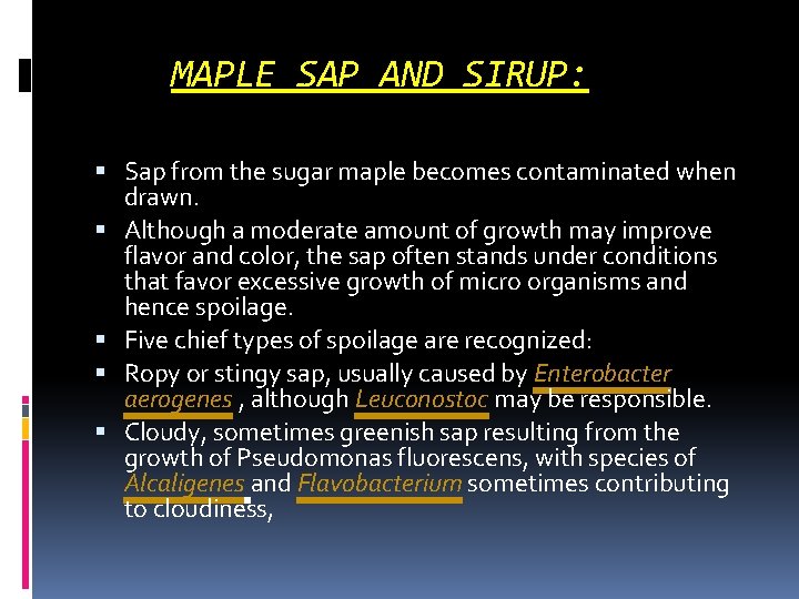 MAPLE SAP AND SIRUP: Sap from the sugar maple becomes contaminated when drawn. Although