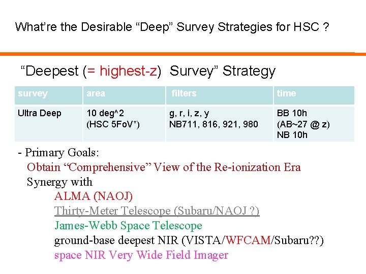 What’re the Desirable “Deep” Survey Strategies for HSC ? “Deepest (= highest-z) Survey” Strategy