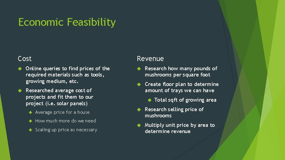 Economic Feasibility Cost Revenue Online queries to find prices of the required materials such