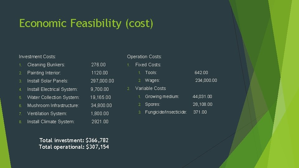 Economic Feasibility (cost) Operation Costs: Investment Costs: Fixed Costs: 1. Cleaning Bunkers: 276. 00