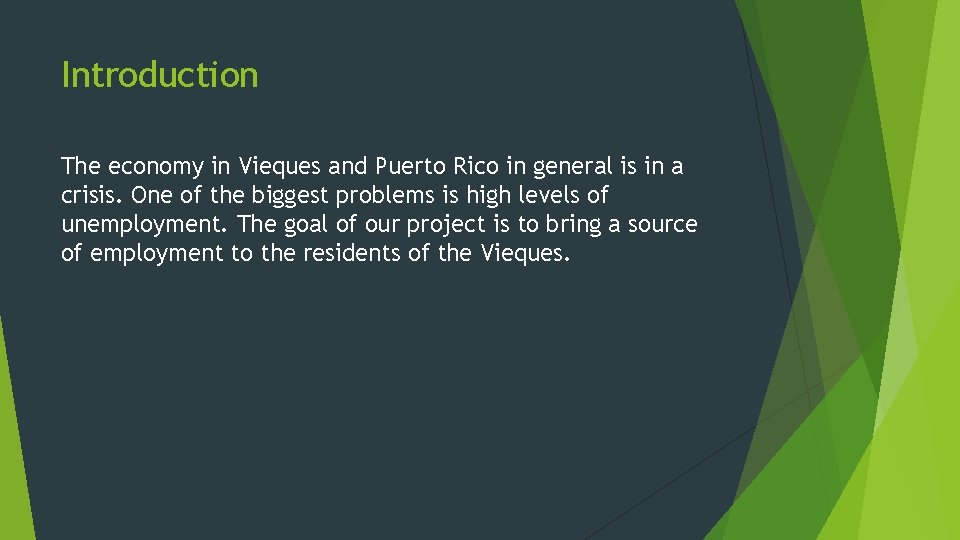 Introduction The economy in Vieques and Puerto Rico in general is in a crisis.