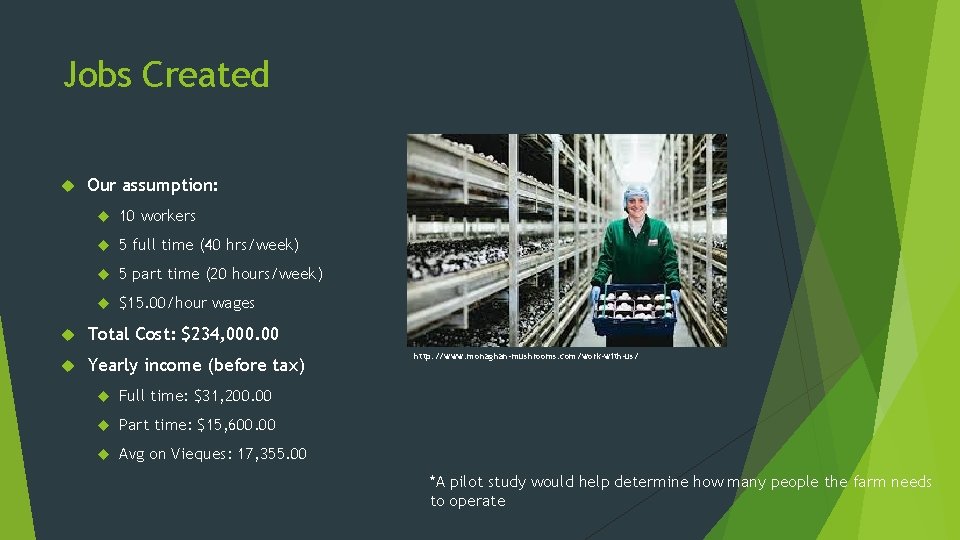 Jobs Created Our assumption: 10 workers 5 full time (40 hrs/week) 5 part time