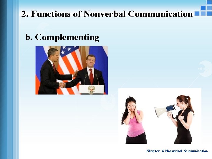 2. Functions of Nonverbal Communication b. Complementing Chapter 4 Nonverbal Communication 2. Functions of Nonverbal Communication b. Complementing Chapter 4 Nonverbal Communication