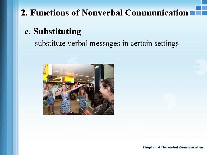 2. Functions of Nonverbal Communication c. Substituting substitute verbal messages in certain settings Chapter