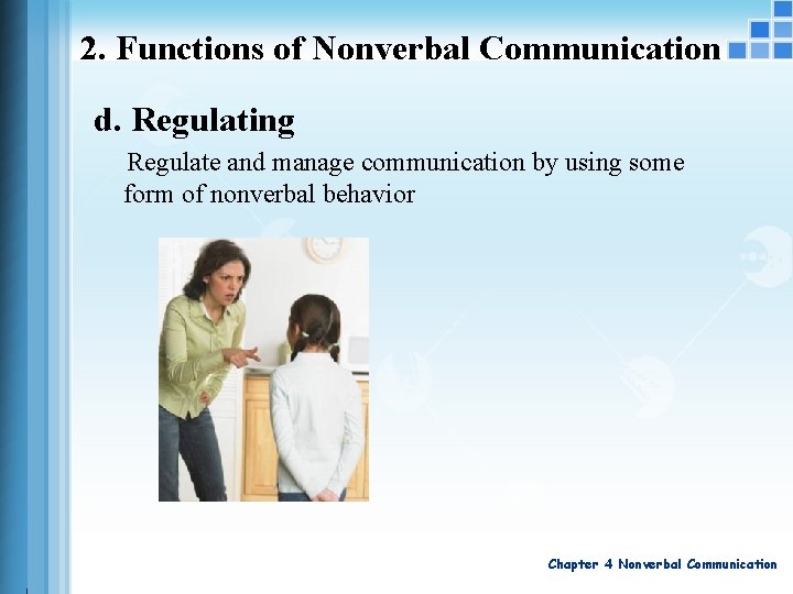 2. Functions of Nonverbal Communication d. Regulating Regulate and manage communication by using some