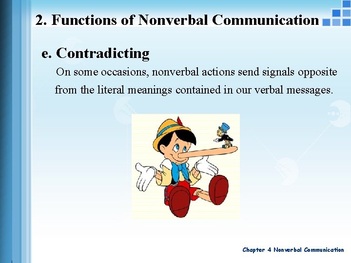 2. Functions of Nonverbal Communication e. Contradicting On some occasions, nonverbal actions send signals