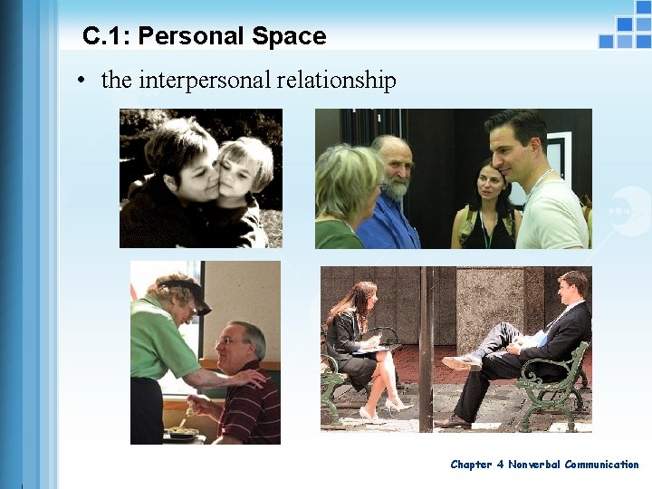 C. 1: Personal Space • the interpersonal relationship Chapter 4 Nonverbal Communication 